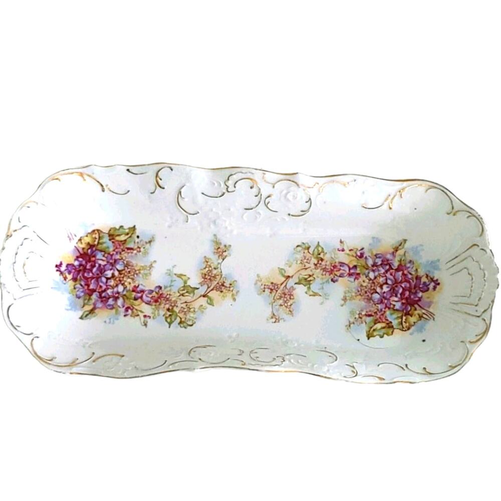Vintage Celery Dish Embossed Floral Violet Lilac Pattern Gold Accent Cottagecore